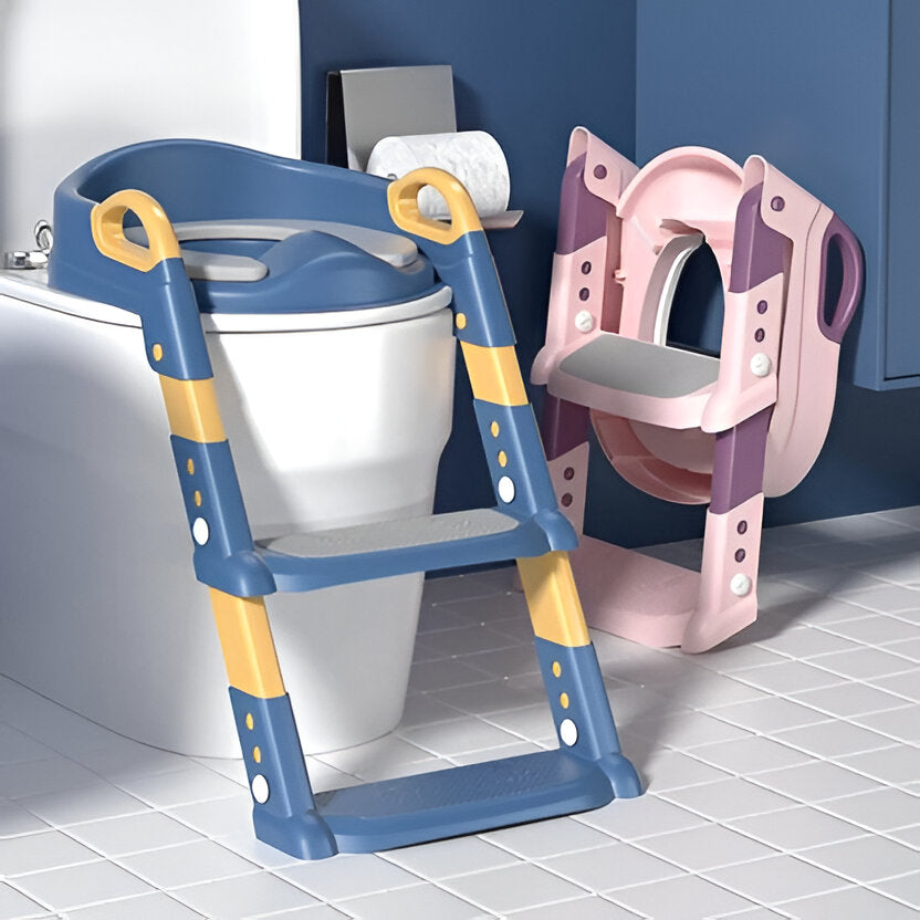 Toilettentrainer mit Treppe für Kleinkinder für das Trockenwerden im Bad – klappbar, stabile Stufen, 2 bis 5 Jahre, Blau oder Rosa