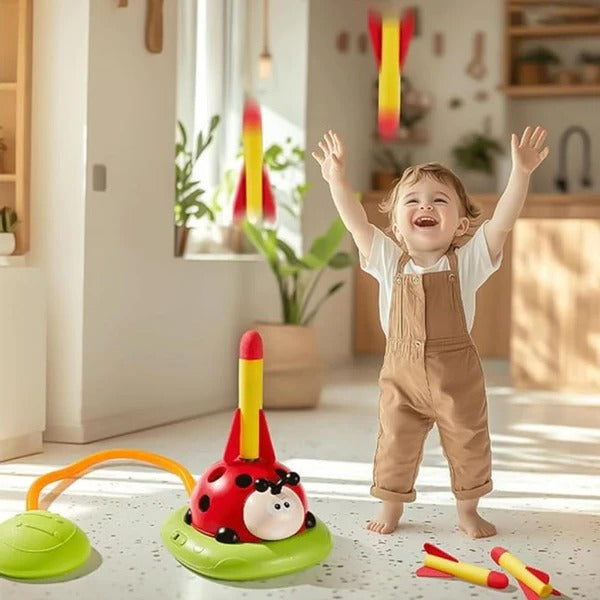 3-in-1-Bewegungsspielzeug im Marienkäfer-Design für Kinder mit Drehstange, Ringwurf und Raketenwerfer – ab 2 Jahren, drinnen und draußen