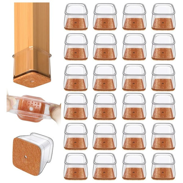Transparente quadratische Stuhlbeinkappen aus Silikon mit Filz für Parkett, Fliesen und Laminat – 24er-Set, für Beine von 1,9 bis 2,5 cm