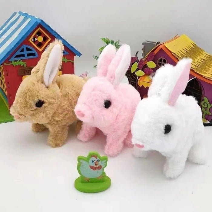 Hüpfender Plüschhase mit Batteriebetrieb als interaktives Kuscheltier für Kinder – ca. 15,5 × 16 × 9,5 cm, weich, in 4 Farben