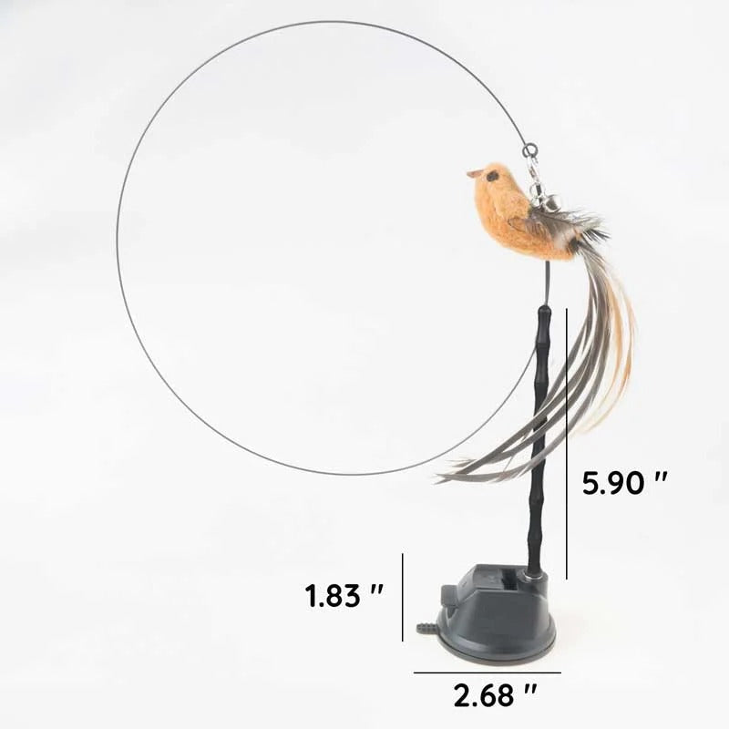 Interaktives Katzenspielzeug mit Vogel-Attrappen am Federdraht für Wohnung und Fenster – Saugnapf, 5 Vögel mit Glöckchen, 46 cm