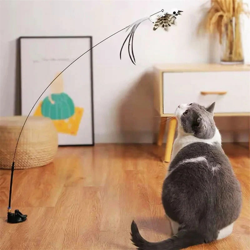 Interaktives Katzenspielzeug mit Vogel-Attrappen am Federdraht für Wohnung und Fenster – Saugnapf, 5 Vögel mit Glöckchen, 46 cm