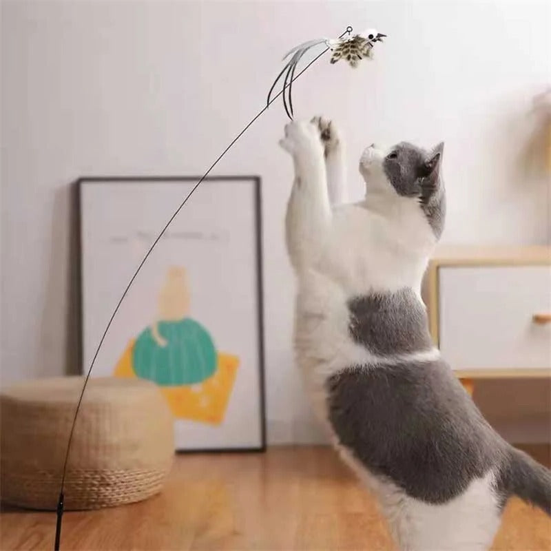 Interaktives Katzenspielzeug mit Vogel-Attrappen am Federdraht für Wohnung und Fenster – Saugnapf, 5 Vögel mit Glöckchen, 46 cm