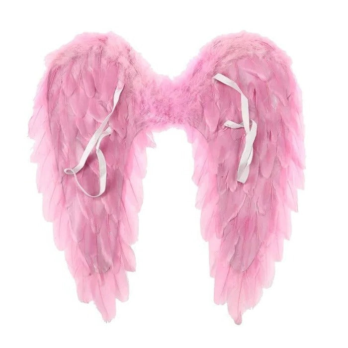 Engelsflügel aus Federn als Kostüm für Halloween, Cosplay und Bühne – 34 × 29 oder 45 × 35 cm, faltbar, verstellbare Träger, 4 Farben