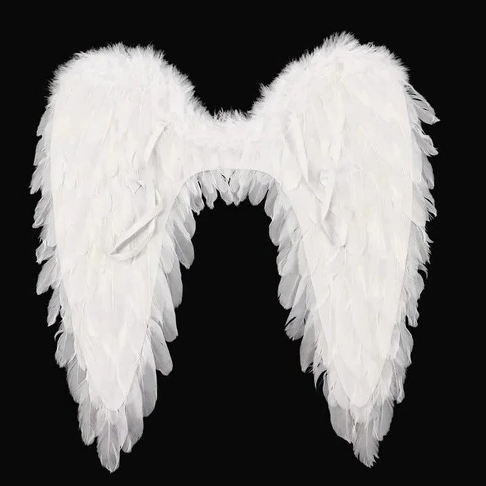 Engelsflügel aus Federn als Kostüm für Halloween, Cosplay und Bühne – 34 × 29 oder 45 × 35 cm, faltbar, verstellbare Träger, 4 Farben