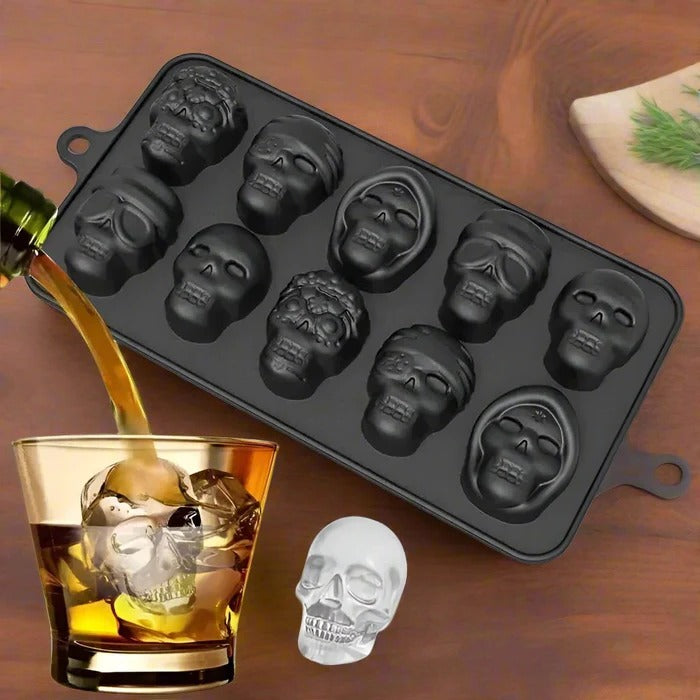 Eiswürfelform in Totenkopf-Form für Drinks, Partys und Halloween – 10 Mulden, ca. 22 × 11 × 2,3 cm, flexibel, auch für Schokolade