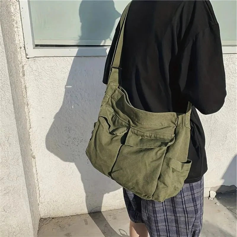 Große Damen-Umhängetasche mit Fronttaschen für Alltag, Uni und Reisen – viel Platz für Einkauf und Unterlagen, in Olivgrün, Schwarz, Weiß oder Khaki