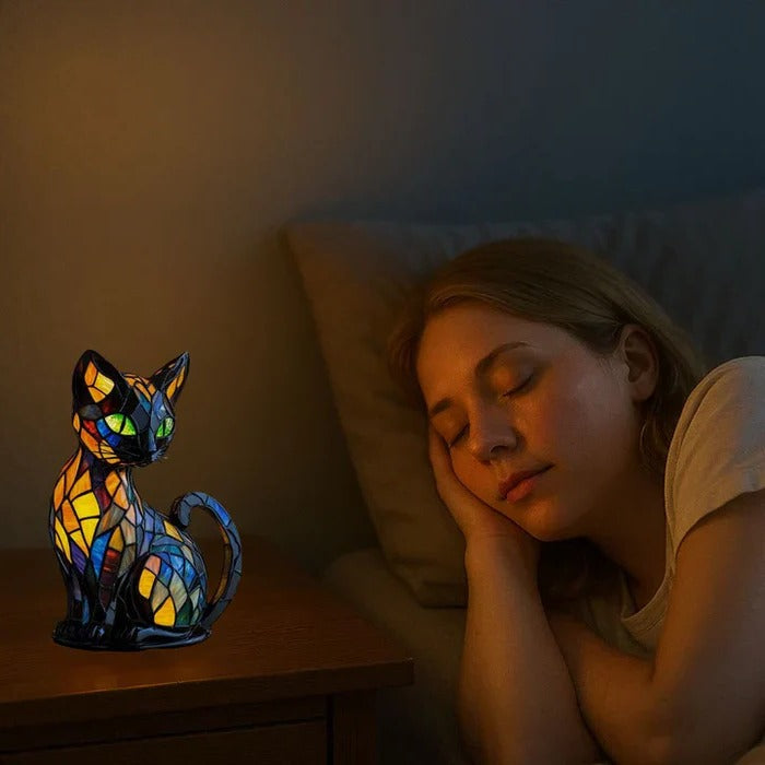 Katzen-Tischlampe aus Buntglas im Tiffany-Stil für Wohnzimmer und Schlafzimmer – Katzenform, farbiges Glas, dekoratives Licht