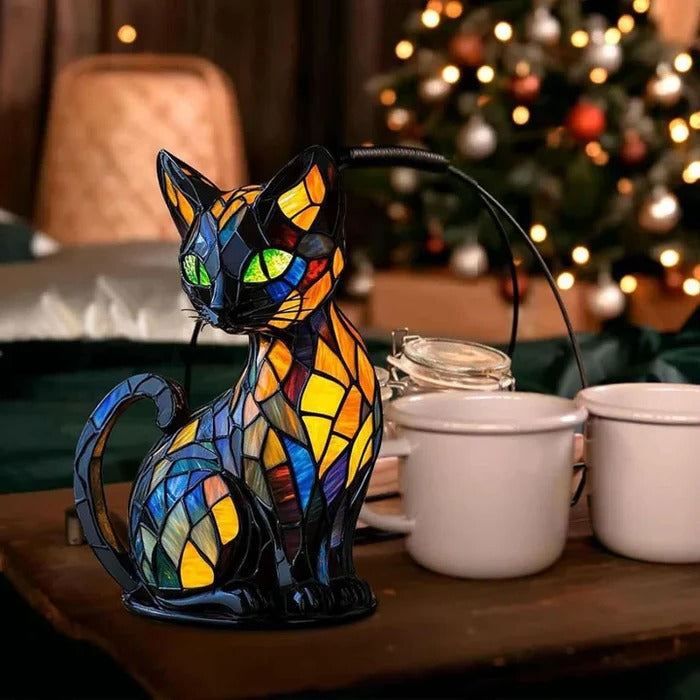Katzen-Tischlampe aus Buntglas im Tiffany-Stil für Wohnzimmer und Schlafzimmer – Katzenform, farbiges Glas, dekoratives Licht