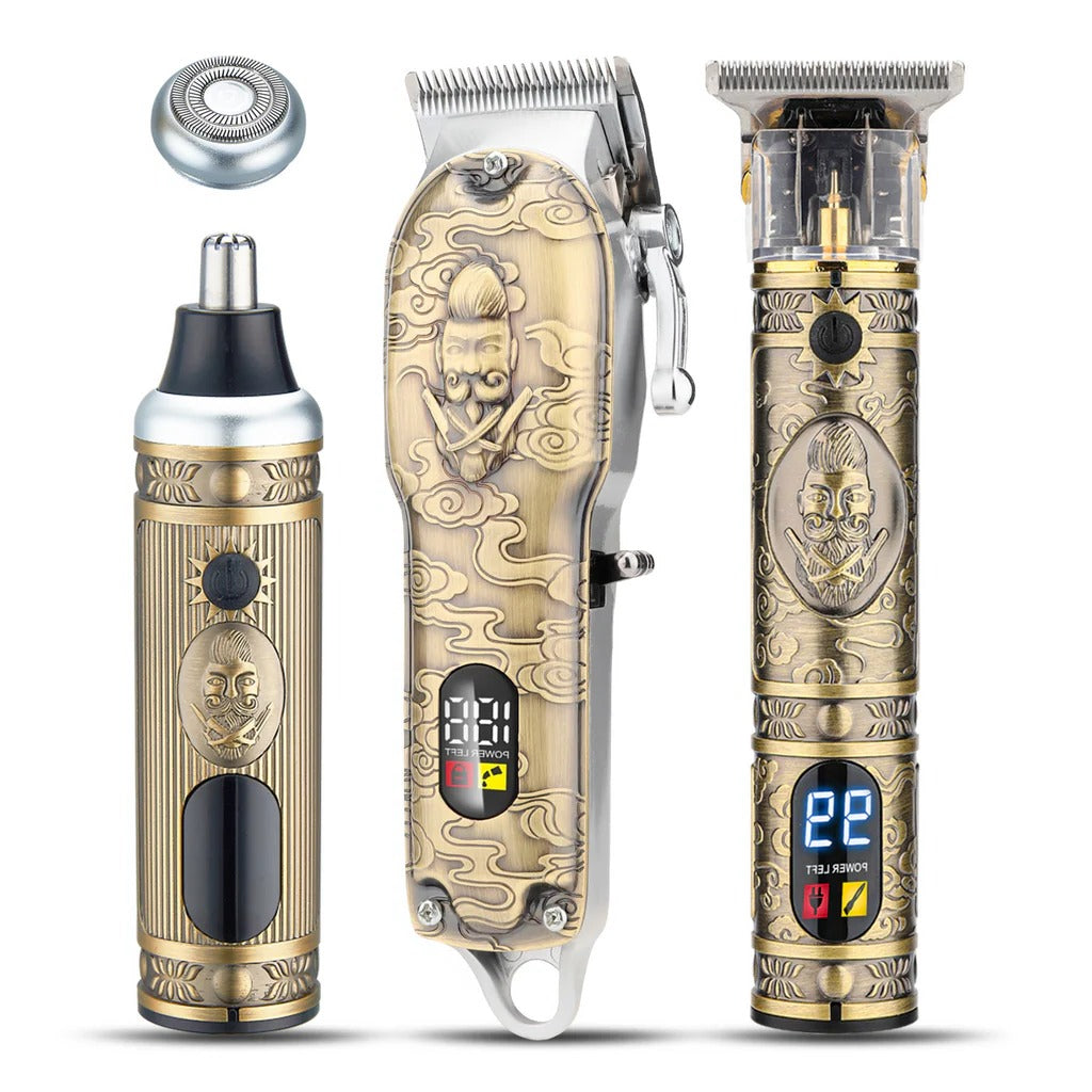 4-in-1 Haarschneider-Set mit Haarschneidemaschine, Trimmer, Nasenhaartrimmer und Rasieraufsatz – Goldoptik mit Ornamenten, Digitalanzeige