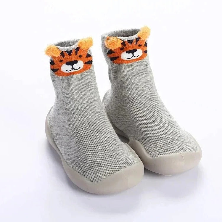 Baby-Schuhsocken mit weicher Sohle und Tiermotiv für Krabbeln und erste Schritte – 0 Monate bis 3 Jahre, 6 Motive