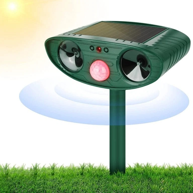 Solar-Tiervertreiber mit Ultraschall und Bewegungsmelder für Garten, Rasen und Beet – Erdspieß oder Wandmontage, 110° Erfassungswinkel