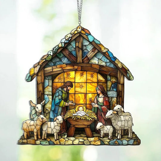 Sonnenfänger mit Krippenszene als Weihnachtsdeko für Fenster und Wohnraum – Fensterdeko mit Motiv der Heiligen Nacht