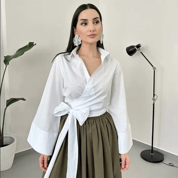 Damenbluse mit breitem Schleifengürtel und weiten Ärmeln im Kimono-Stil – weicher Stoff, XS bis L, in Marineblau, Blau, Rosa oder Weiß