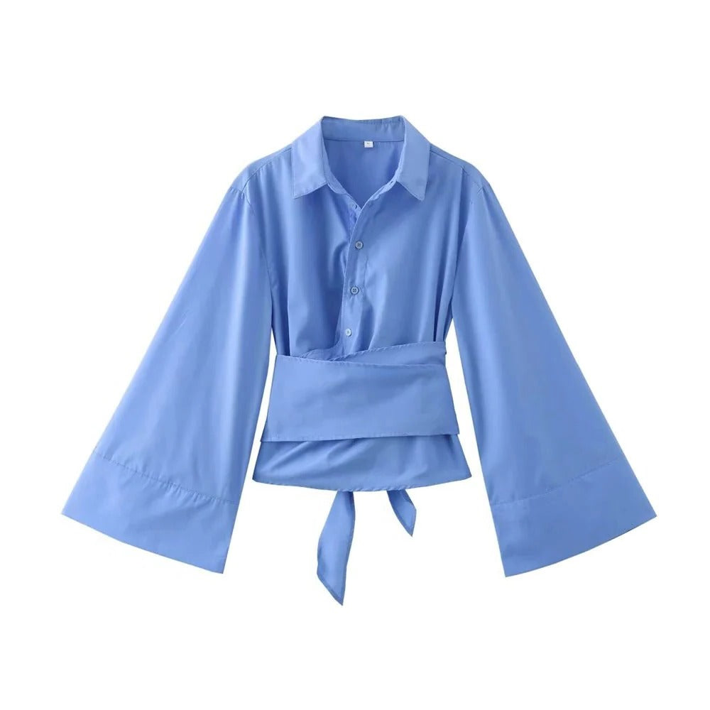 Damenbluse mit breitem Schleifengürtel und weiten Ärmeln im Kimono-Stil – weicher Stoff, XS bis L, in Marineblau, Blau, Rosa oder Weiß