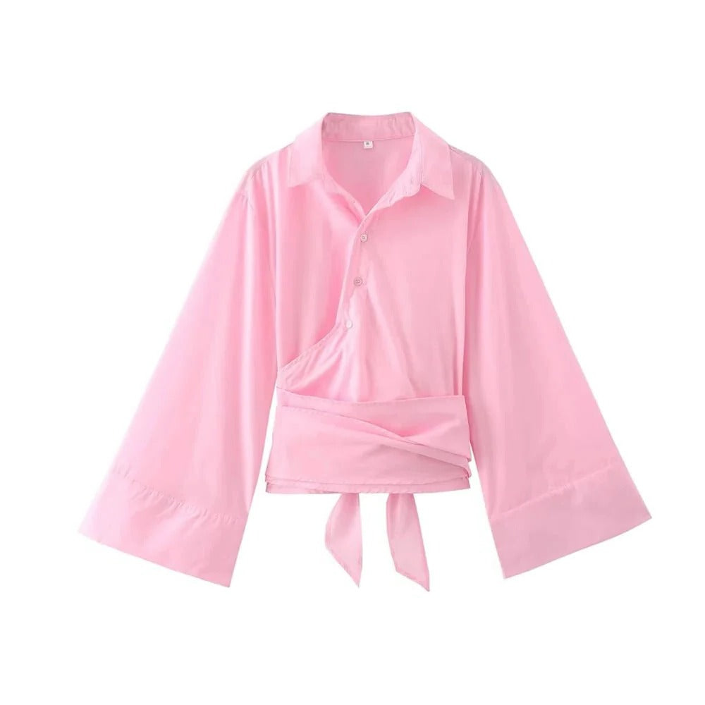 Damenbluse mit breitem Schleifengürtel und weiten Ärmeln im Kimono-Stil – weicher Stoff, XS bis L, in Marineblau, Blau, Rosa oder Weiß