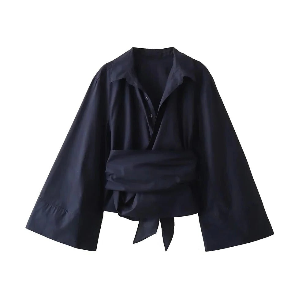 Damenbluse mit breitem Schleifengürtel und weiten Ärmeln im Kimono-Stil – weicher Stoff, XS bis L, in Marineblau, Blau, Rosa oder Weiß