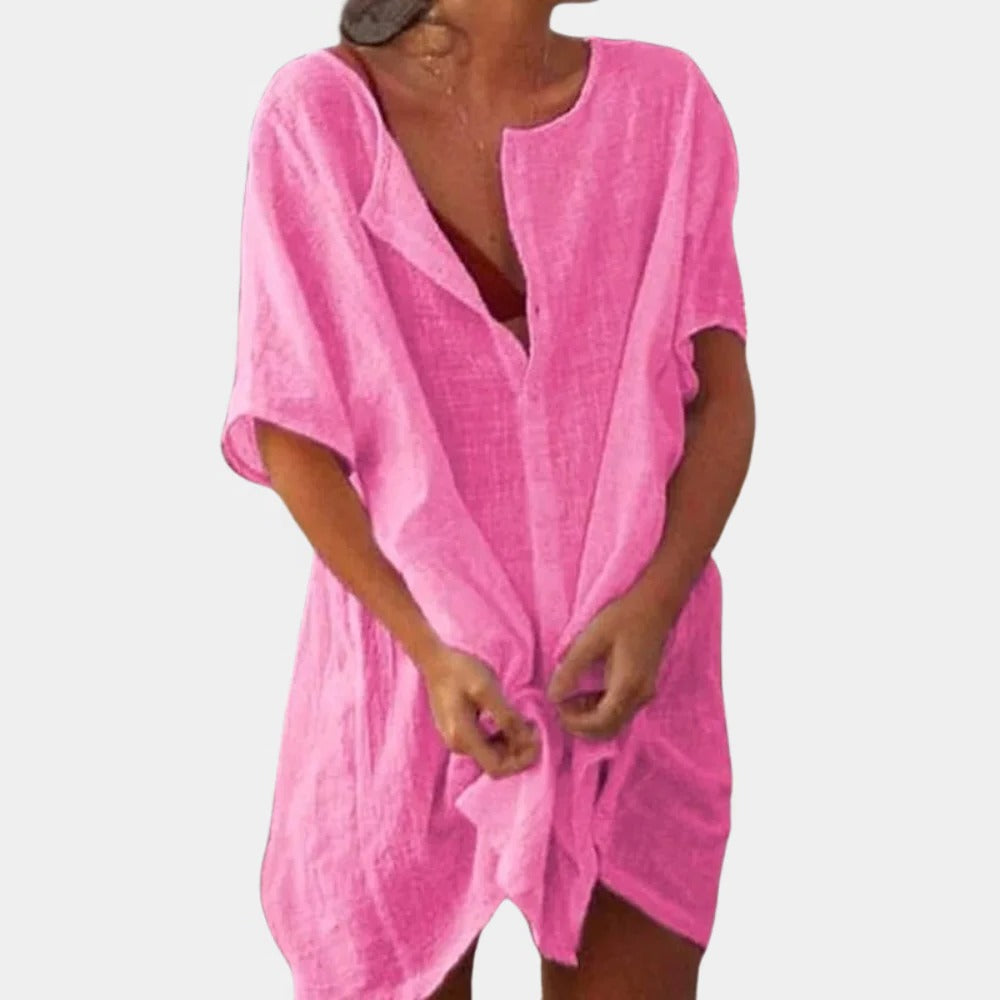 Lockeres Sommer-Hemdkleid für Damen für Strand, Urlaub und Freizeit – Leinenoptik, V-Ausschnitt mit Knopfleiste, kurze Ärmel, S bis 3XL, 5 Farben