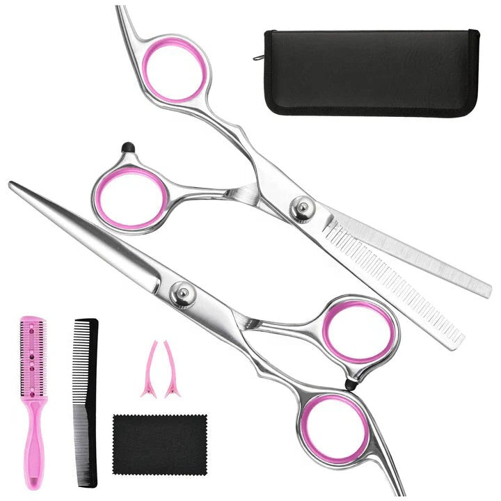 Haarschneideset aus Edelstahl mit Haarschere und Effilierschere für Haarschnitt zu Hause und im Salon – 7-teilig, Kämme, Clips, Etui