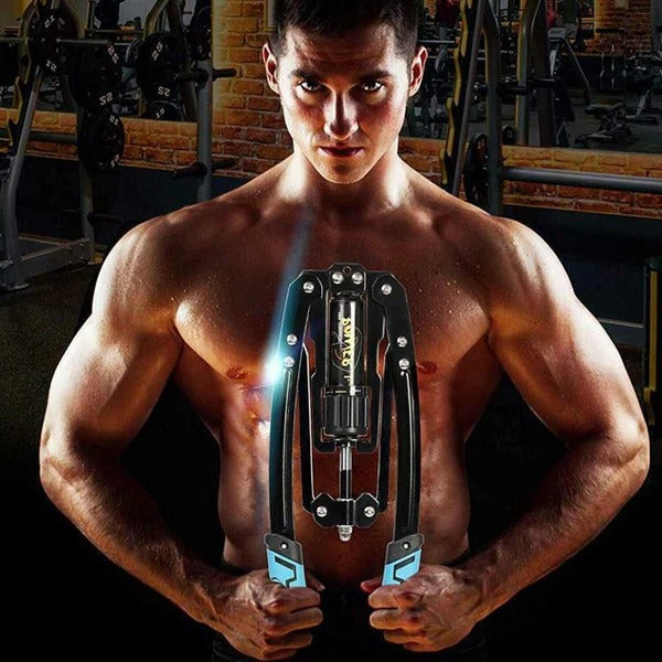 Hydraulischer Brust- und Armtrainer mit einstellbarem Widerstand für das Krafttraining zu Hause – Drehring, Metallrahmen, Schwarz-Blau, ohne Strom