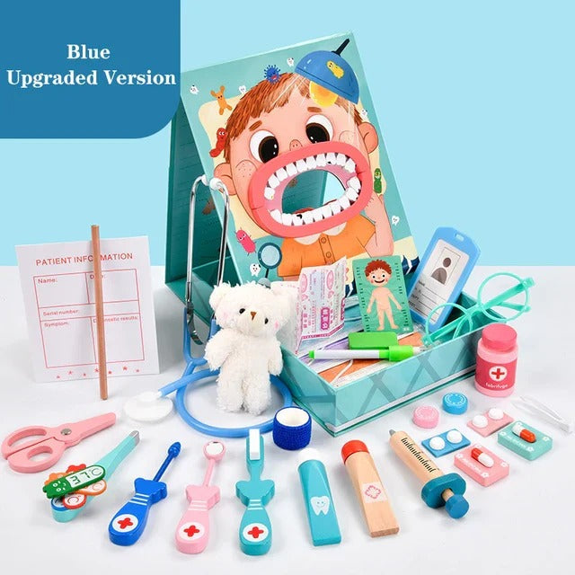 Zahnarzt-Rollenspielset für Kinder mit großem Gebiss zum Zähneputzen im Kinderzimmer – Spielset in Box, Blau erweitert oder Rosa Basis