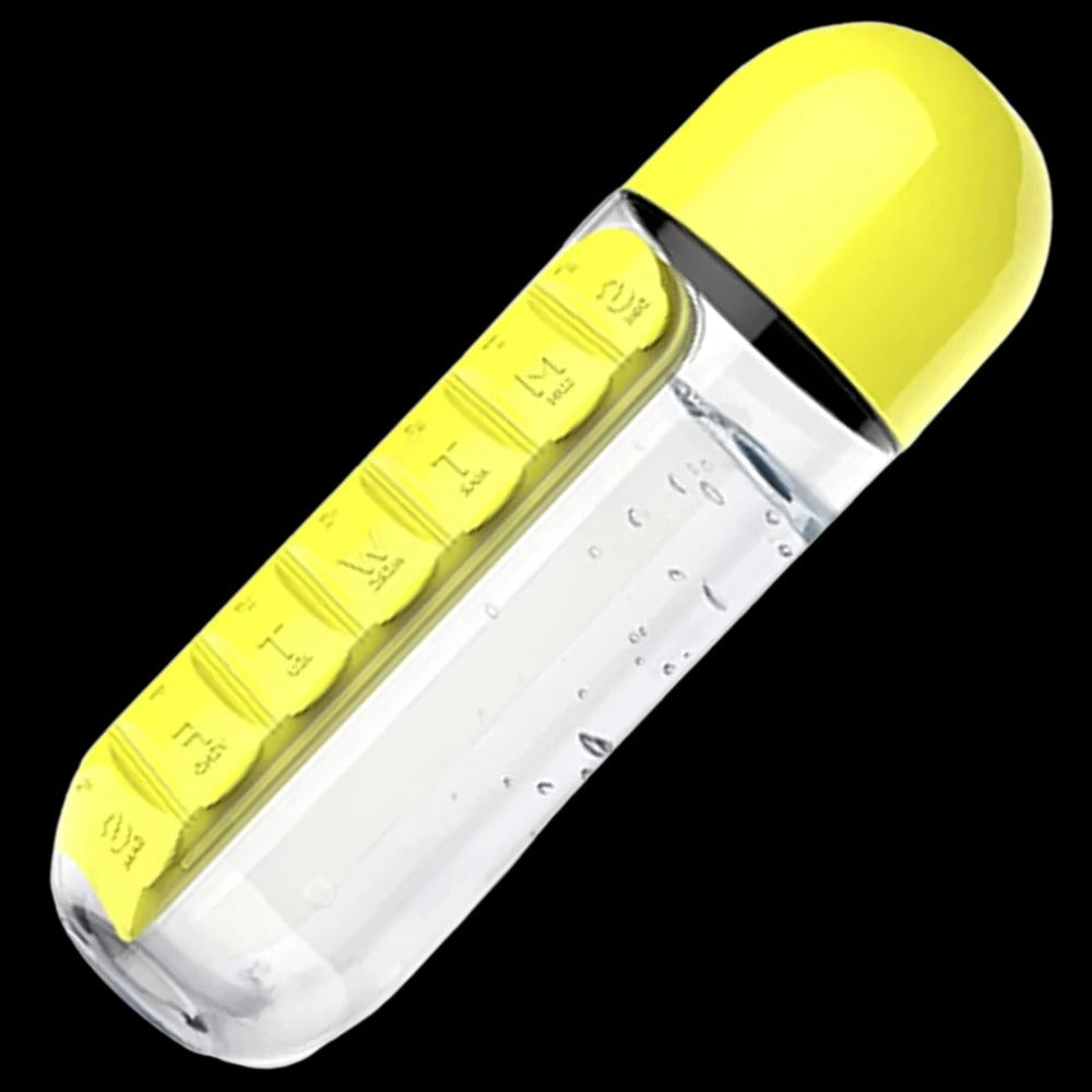 Trinkflasche mit 7-Tage-Pillenfach für Büro, Sport und Reisen – Getränk und Wochenration Tabletten in einem, transparent, in 5 Farben