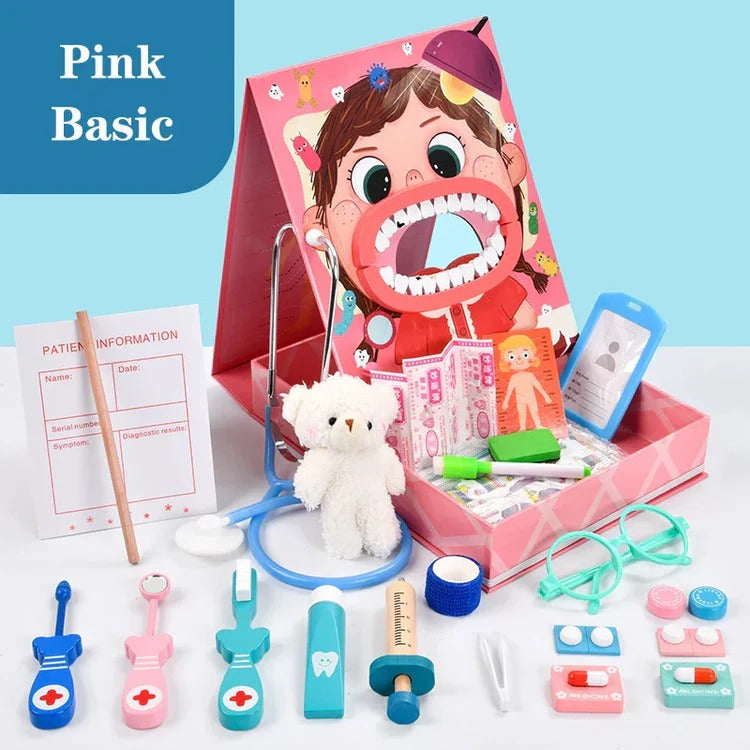Zahnarzt-Rollenspielset für Kinder mit großem Gebiss zum Zähneputzen im Kinderzimmer – Spielset in Box, Blau erweitert oder Rosa Basis