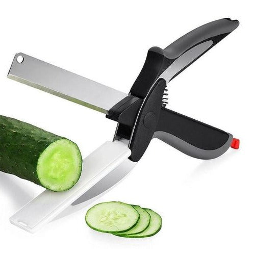 2-in-1-Schneidhilfe mit Edelstahlklingen als Ersatz für Messer und Schneidebrett für Gemüse, Obst, Käse und Fleisch – Silikongriffe, spülmaschinenfest