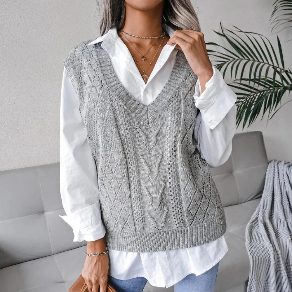 Strick-Pullunder für Damen mit V-Ausschnitt und Zopfmuster für Frühling und Herbst – Acryl, leicht dehnbar, XS bis XL, Grau, Blau oder Apricot