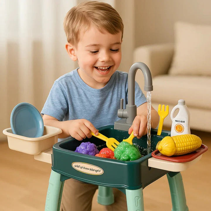 Kinder-Spielküche mit fließendem Wasser für Rollenspiele im Kinderzimmer – Spülbecken mit Wasserhahn, Grün, Rot oder Blau