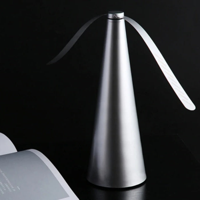 Fliegenabwehr-Ventilator mit reflektierenden Flügeln für Esstisch, Arbeitsplatte und Picknick – Kegelform, ca. 24 cm hoch, Stopp bei Berührung