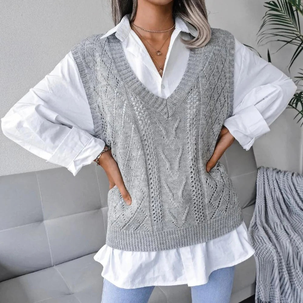 Strick-Pullunder für Damen mit V-Ausschnitt und Zopfmuster für Frühling und Herbst – Acryl, leicht dehnbar, XS bis XL, Grau, Blau oder Apricot