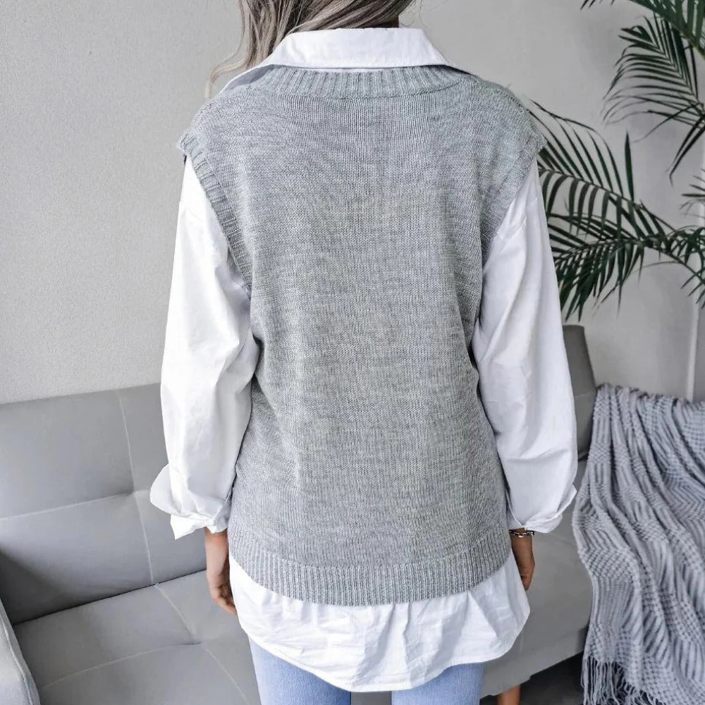 Strick-Pullunder für Damen mit V-Ausschnitt und Zopfmuster für Frühling und Herbst – Acryl, leicht dehnbar, XS bis XL, Grau, Blau oder Apricot