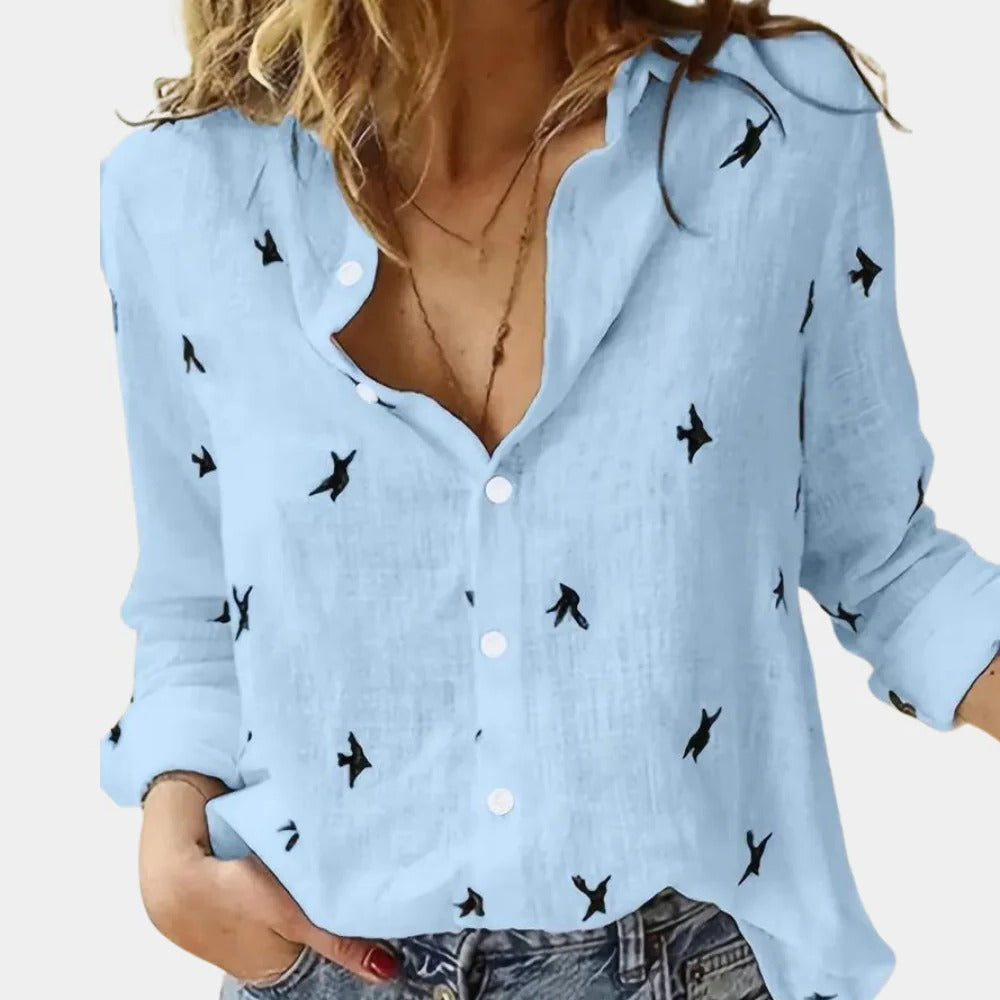 Langarm-Hemdbluse für Damen mit Vogel-Print und Knopfleiste für Büro, Alltag und Freizeit – Leinenoptik, lockerer Schnitt, S bis 2XL, 4 Farben