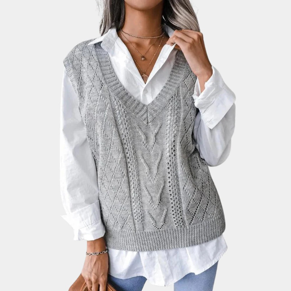Strick-Pullunder für Damen mit V-Ausschnitt und Zopfmuster für Frühling und Herbst – Acryl, leicht dehnbar, XS bis XL, Grau, Blau oder Apricot