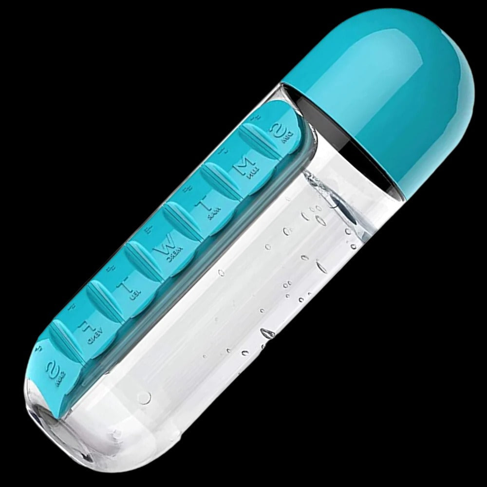 Trinkflasche mit 7-Tage-Pillenfach für Büro, Sport und Reisen – Getränk und Wochenration Tabletten in einem, transparent, in 5 Farben