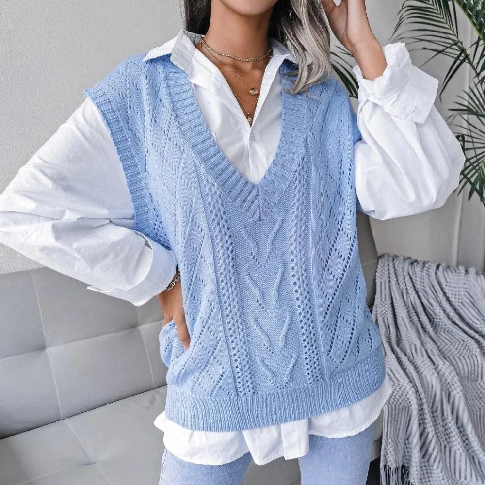 Strick-Pullunder für Damen mit V-Ausschnitt und Zopfmuster für Frühling und Herbst – Acryl, leicht dehnbar, XS bis XL, Grau, Blau oder Apricot