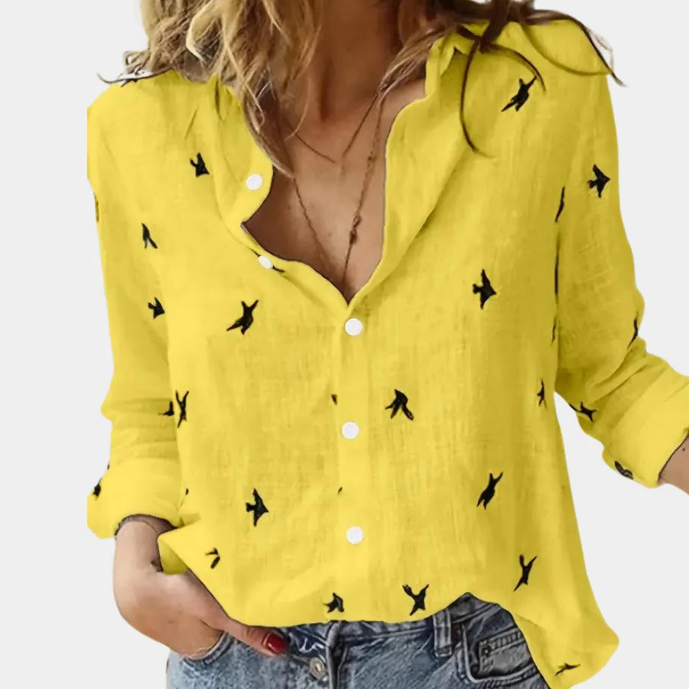 Langarm-Hemdbluse für Damen mit Vogel-Print und Knopfleiste für Büro, Alltag und Freizeit – Leinenoptik, lockerer Schnitt, S bis 2XL, 4 Farben