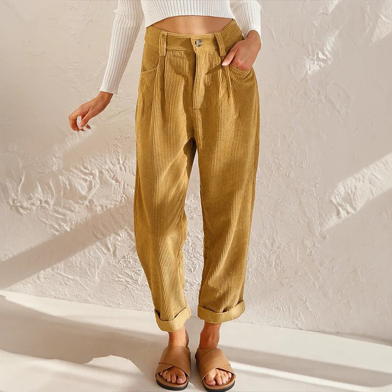 Cordhose für Damen mit hohem elastischem Bund und lockerem Bein für den Alltag – bequeme Passform, S bis 3XL, 5 Farben von Sonnengelb bis Schwarz