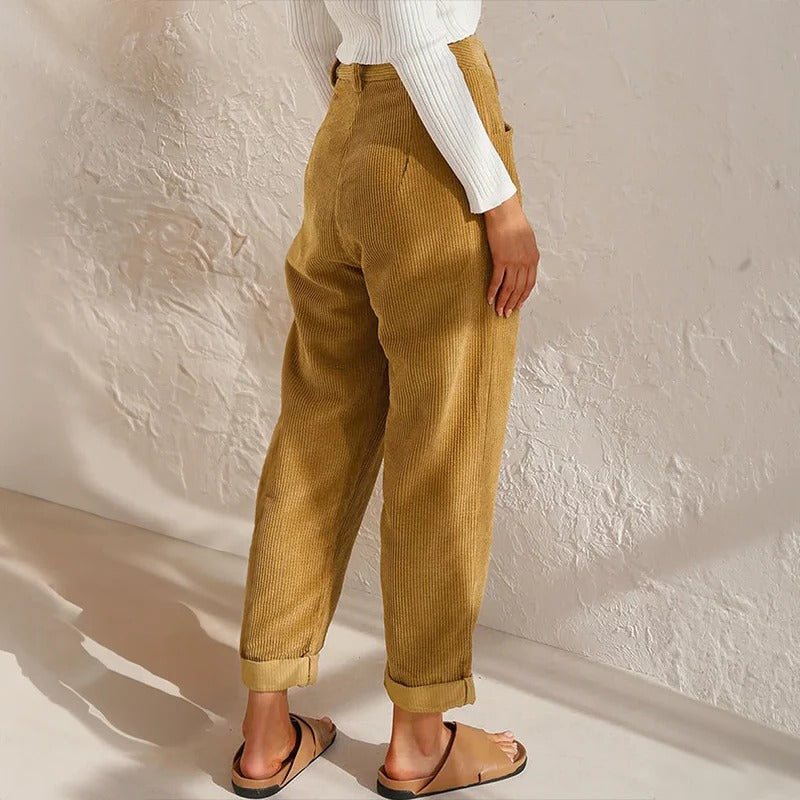 Cordhose für Damen mit hohem elastischem Bund und lockerem Bein für den Alltag – bequeme Passform, S bis 3XL, 5 Farben von Sonnengelb bis Schwarz