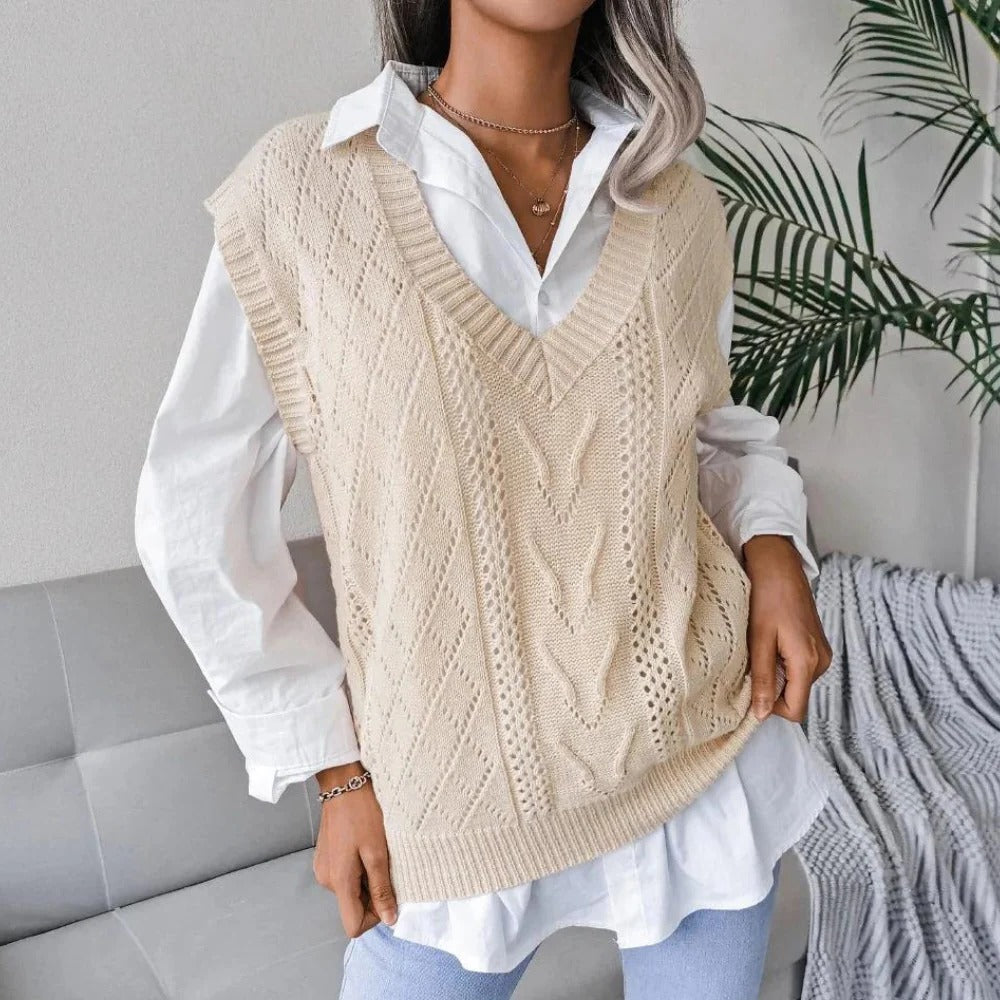 Strick-Pullunder für Damen mit V-Ausschnitt und Zopfmuster für Frühling und Herbst – Acryl, leicht dehnbar, XS bis XL, Grau, Blau oder Apricot