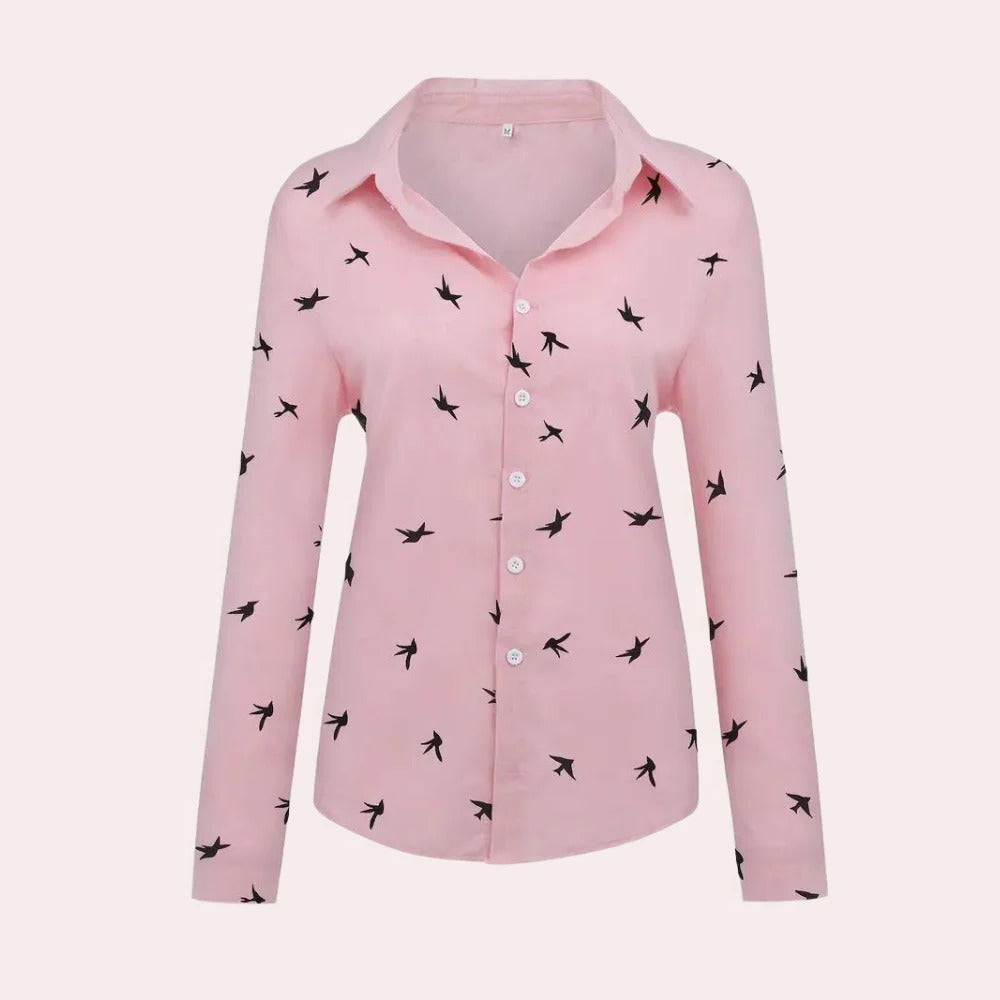 Langarm-Hemdbluse für Damen mit Vogel-Print und Knopfleiste für Büro, Alltag und Freizeit – Leinenoptik, lockerer Schnitt, S bis 2XL, 4 Farben