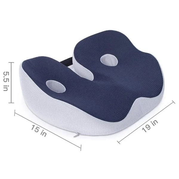 Ergonomisches Sitzkissen aus Memory-Schaum für Bürostuhl, Autositz und Rollstuhl – rutschfeste Unterseite, Haltegurte, Blau, Grau oder Dunkelgrau