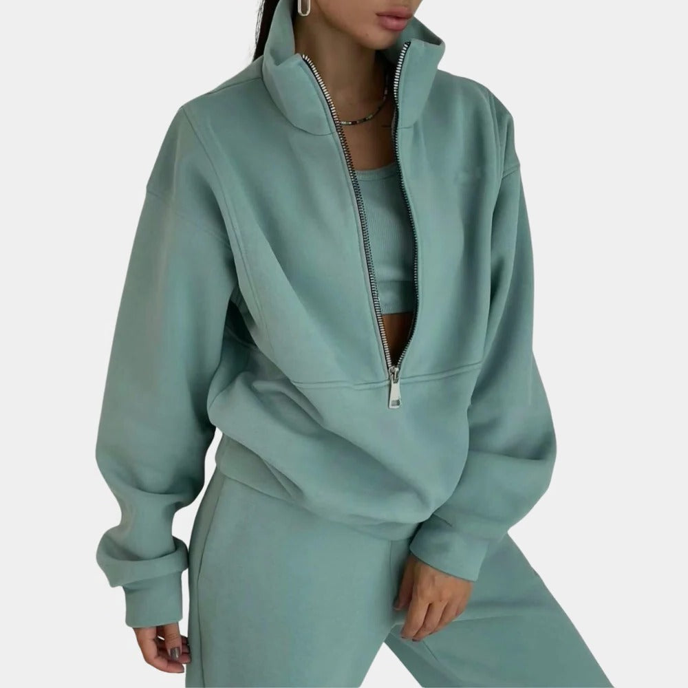 Zweiteiliger Damen-Jogginganzug mit Half-Zip-Oberteil und Jogginghose für Zuhause und Sport – locker, weich, S bis XL, Rosa, Grün oder Blau