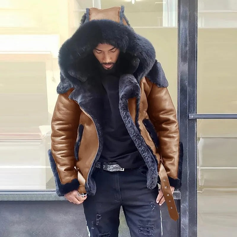 Herren-Winterjacke aus Kunstleder (PU) mit Fellkapuze für Herbst, Winter und Outdoor – winddicht, wasserabweisend, Taschen, M bis 5XL, 4 Farben
