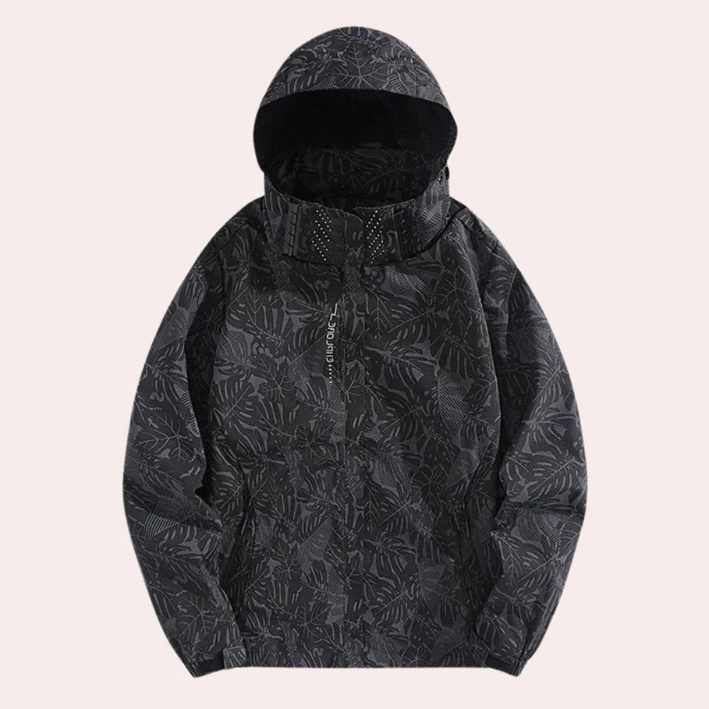 Damenjacke mit abnehmbarer Kapuze und Blätter-Muster für Alltag und Ausflüge – Polyester, atmungsaktiv, Reißverschluss, Taschen, XS bis XL, 5 Farben