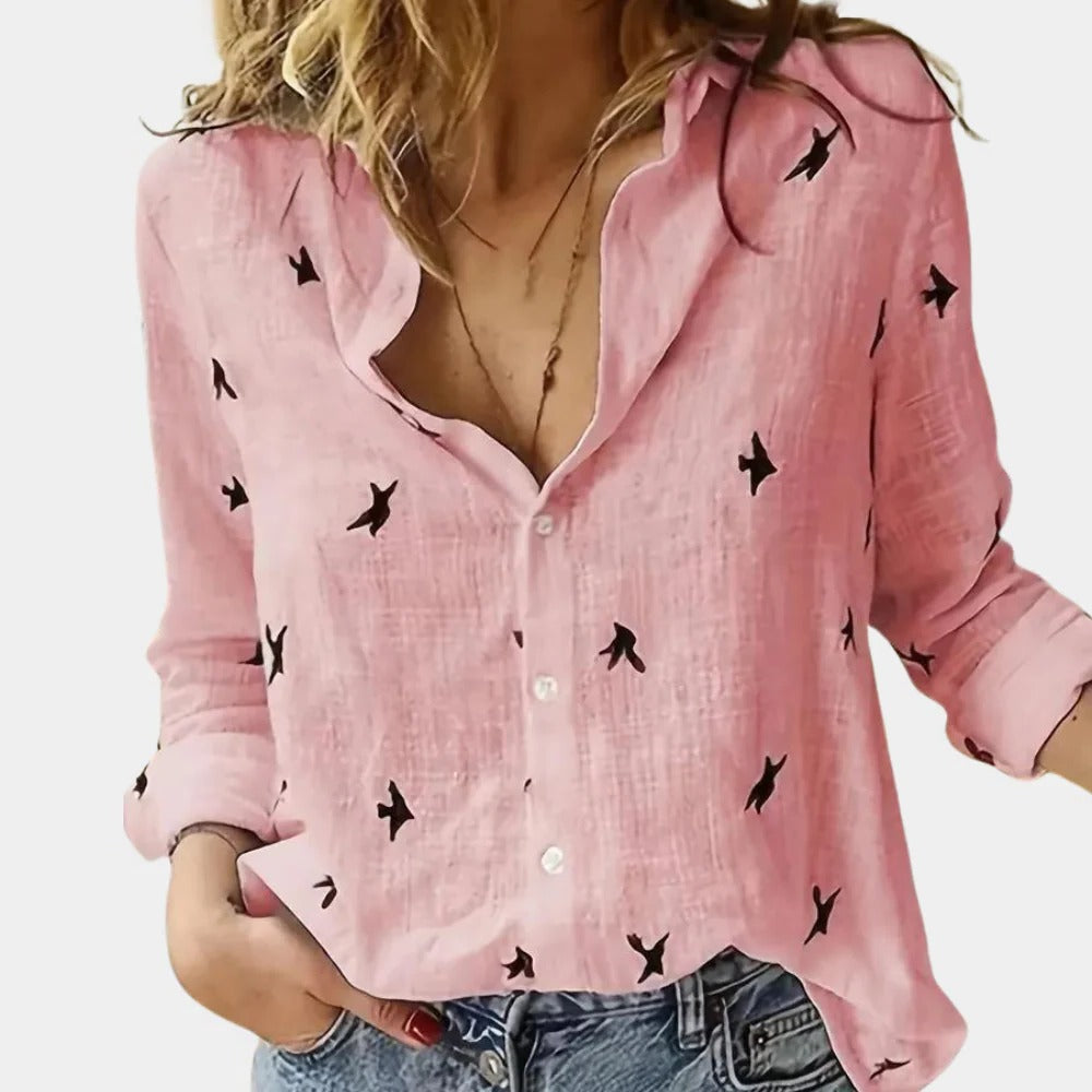 Langarm-Hemdbluse für Damen mit Vogel-Print und Knopfleiste für Büro, Alltag und Freizeit – Leinenoptik, lockerer Schnitt, S bis 2XL, 4 Farben