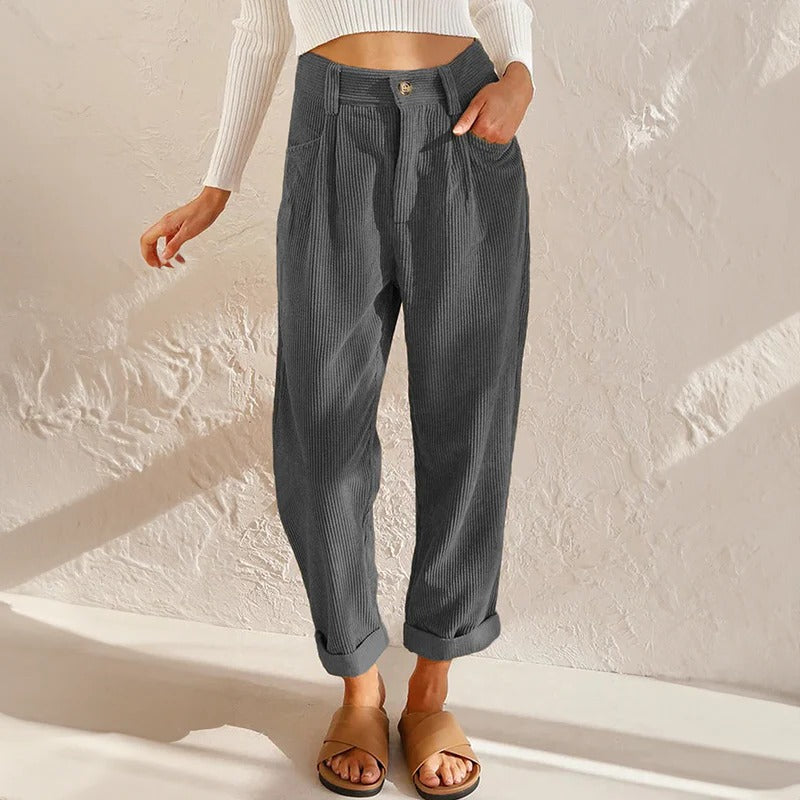 Cordhose für Damen mit hohem elastischem Bund und lockerem Bein für den Alltag – bequeme Passform, S bis 3XL, 5 Farben von Sonnengelb bis Schwarz