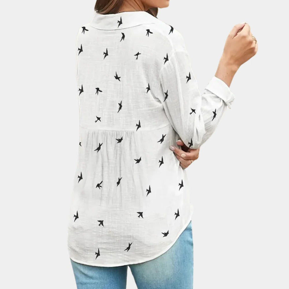 Langarm-Hemdbluse für Damen mit Vogel-Print und Knopfleiste für Büro, Alltag und Freizeit – Leinenoptik, lockerer Schnitt, S bis 2XL, 4 Farben