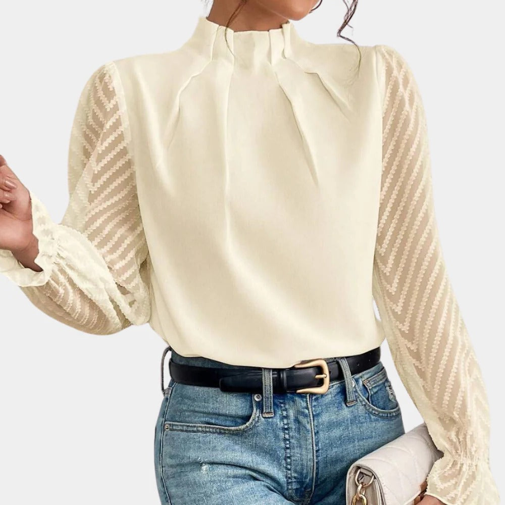 Damenbluse mit halbtransparenten gestreiften Ärmeln für Sommer und Übergangszeit – Stehkragen mit Falten, Rüschenbündchen, S bis 2XL, 5 Farben